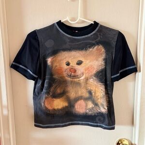 Cfierce Black and Grey Raglan Style Teddy Bear Print T-shirt with Blue Stitching